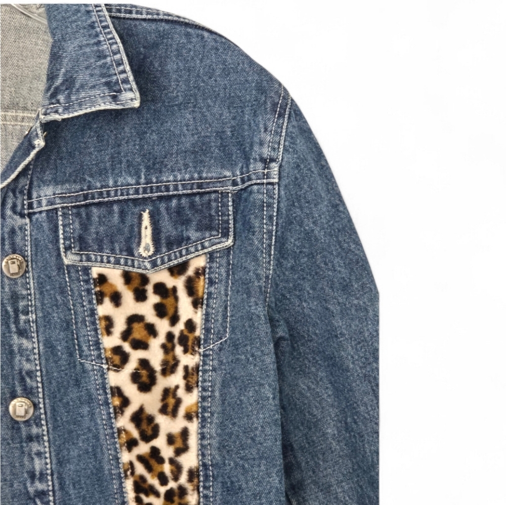 Gasoline Jeans Cropped Denim Jacket w/ Leopard Print Panels –Girls Size M - Picture 3 of 14